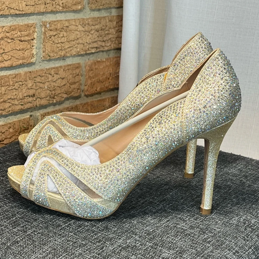De Blossom Barbara Rhinestone Peep Toe Heels Gold Formal Wedding Size 9 NEW
